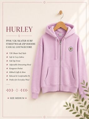 Hurley Pink Y2K Skater Surf Streetwear Zip Hoodie Casual Loungecore Size Medium